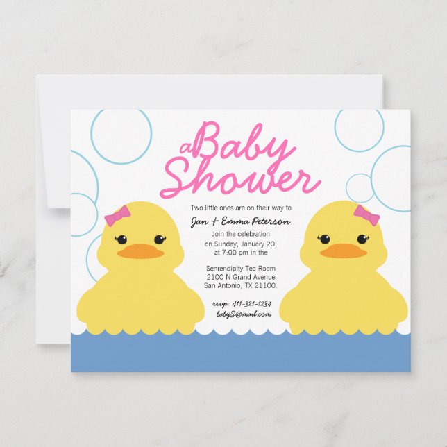 girl rubber ducky TWIN BABY SHOWER invitation (Front)