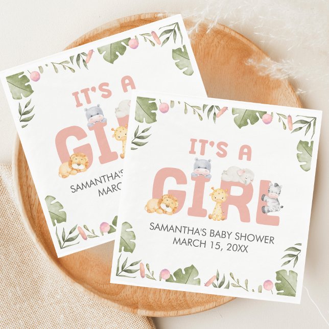 Girl Safari Animal Baby Shower  Napkin (Safari Jungle Animals Baby Shower Napkin)
