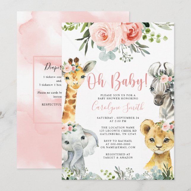 Girl Safari Animal Green Baby shower Invitation (Devant / Derrière)