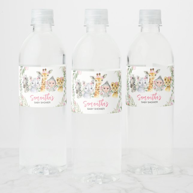 Girl Safari Animals Baby Shower  Water Bottle Label (Bottles)