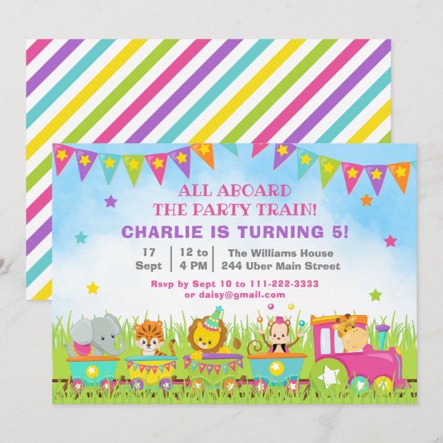 Girl Safari Animals Birthday Party Train Invitation (Front/Back)