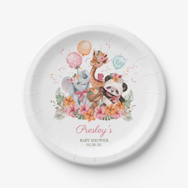 Girl Safari Animals Paper Plate (Front)