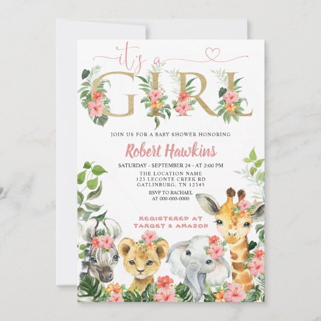 Girl Safari Baby Shower Invitation (Front)