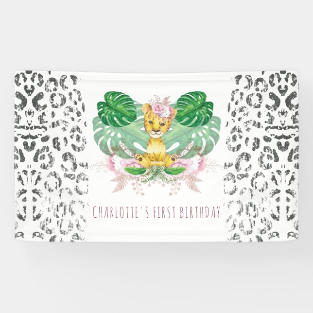 Girl Safari Birthday Lion Illustration Banner (Horizontal)