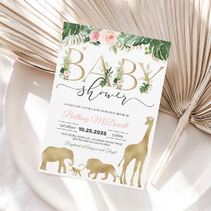 Girl Safari Gold Elephant Giraffe Baby Shower Invitation