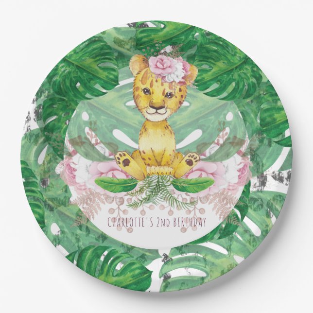 Girl Safari Lion Illustration Personalized Paper Plate (Front)