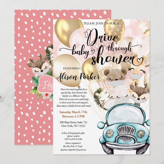 Girl Safari Pink Floral Greenery Drive by Shower I Invitation (Front/Back)