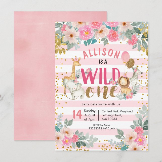 Girl safari wild one birthday invitation (Front/Back)