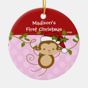 Girl Santa Monkey Baby's First Christmas Ornament
