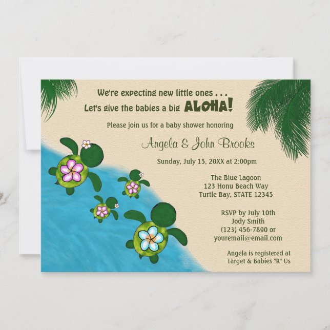 GIRL Sea TURTLE Baby Shower Invite TWIN (Honu) 01D (Front)