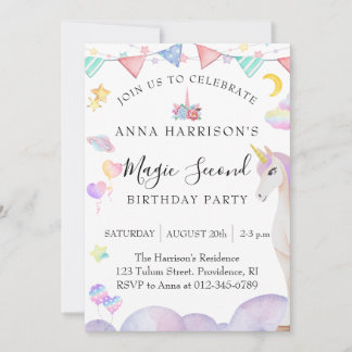 Girl Second Birthday Party Magic Unicorn Invitation
