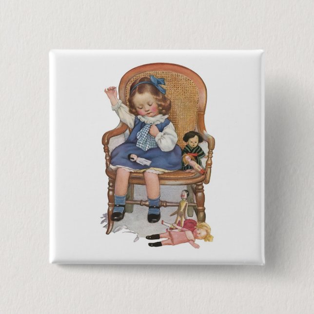 Girl Sewing Dollies 2 Inch Square Button (Front)