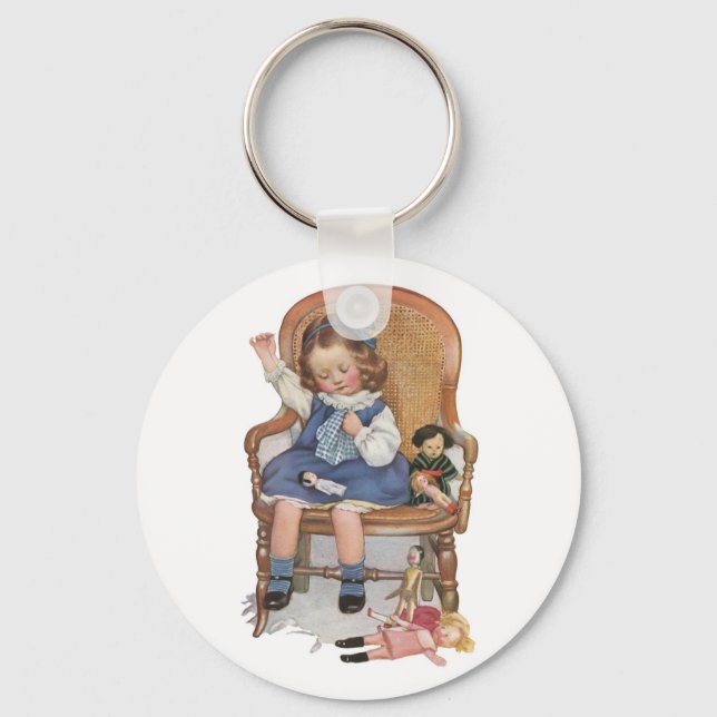Girl Sewing Dollies Keychain (Front)