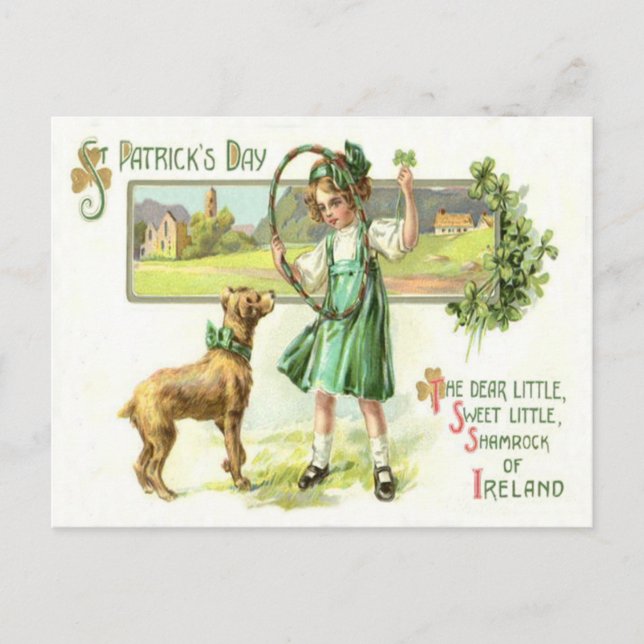 Girl Shamrock Four Leaf Clover Dog Hoop Postcard (Front)