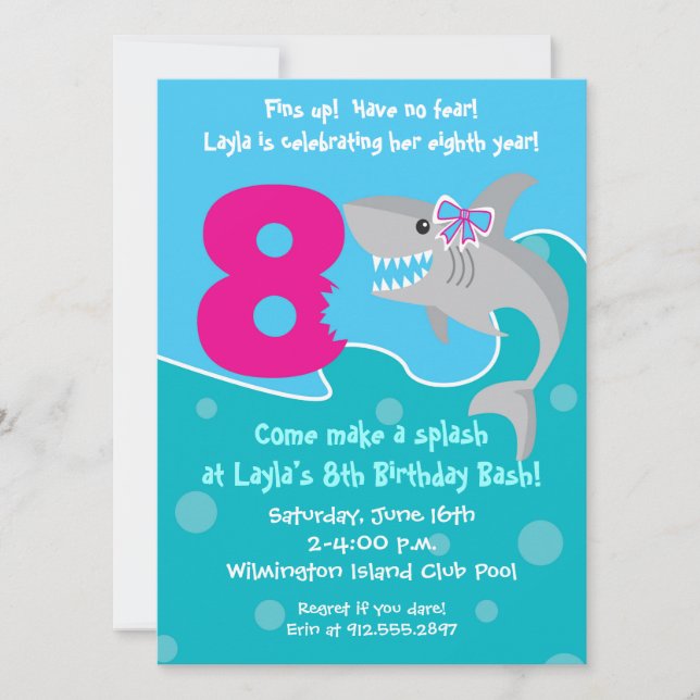 Girl Shark Bite Invite- 8th Birthday Party Invitation (Front)