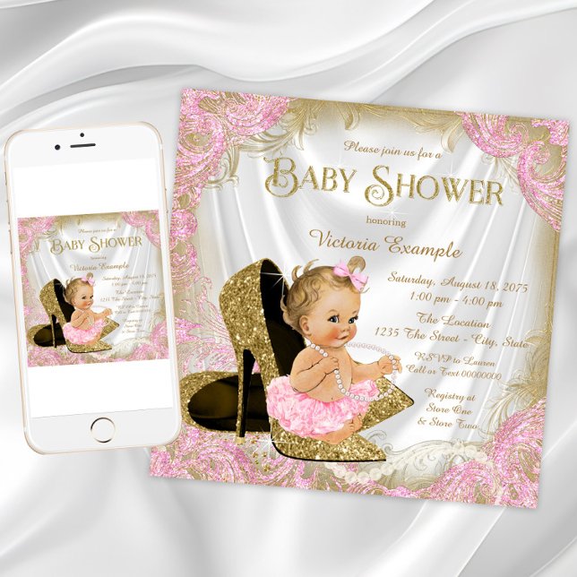 Girl Shoe Pink Gold Glitter Pearl Baby Shower Invitation (Pink gold shoe baby shower invitation. Instant download and printed invitations available.)