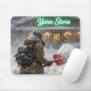 Girl Shoveling a Path to a Yarn Store Mouse Pad
