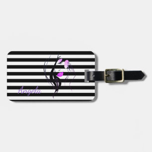 Girl Silhouette, Black, White Stripes Personalized Luggage Tag
