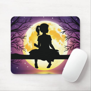 Girl Silhouette On Tree With Moon Mouse Pad