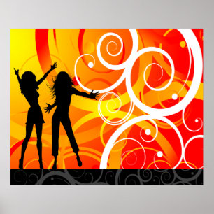 Girl Silhouettes Dancing On Background Of Swirls Poster