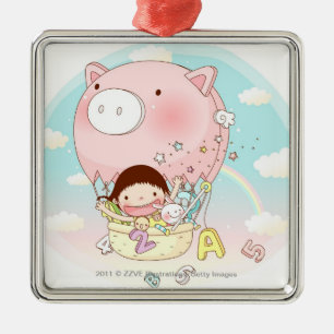 Girl sitting in hot air balloon, smiling metal ornament