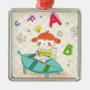 Girl sitting on chair, studying metal ornament