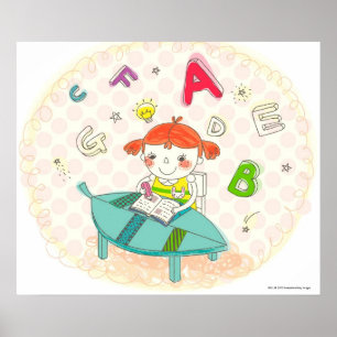 Girl sitting on chair, studying poster