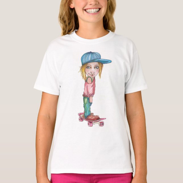 Girl Skateboarder on Ringer style T-Shirt (Front)
