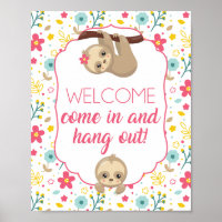 Girl Sloth Birthday Party Welcome Sign Flowers
