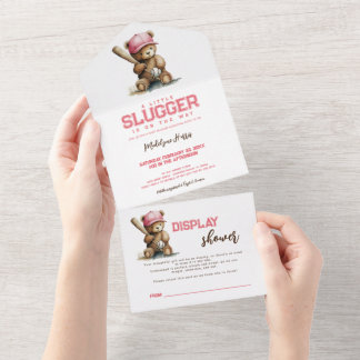 Girl Slugger Teddy Bear QR RSVP Baby Shower All In One Invitation