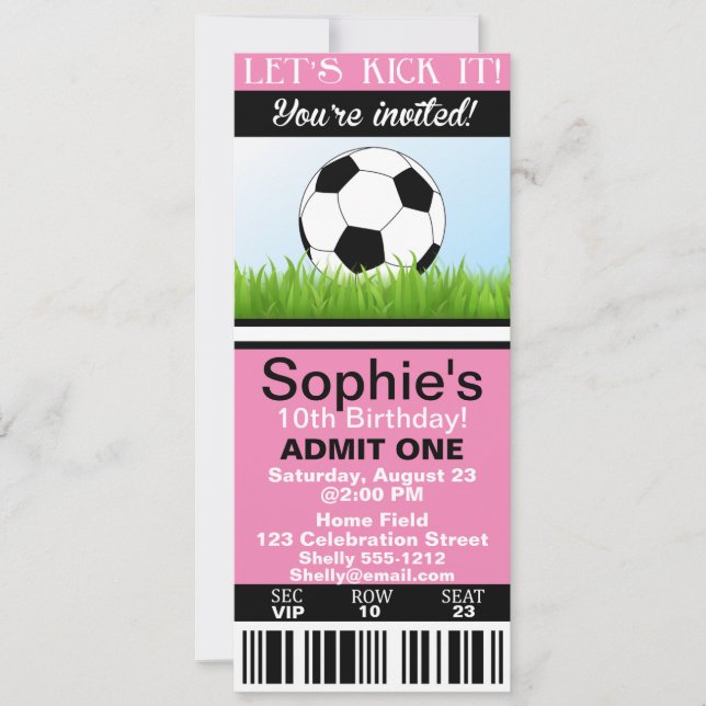 Girl Soccer Ticket birthday invitation customize (Front)