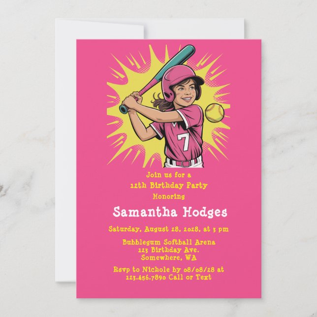 Girl Softball Birthday Party Invitation (Front)
