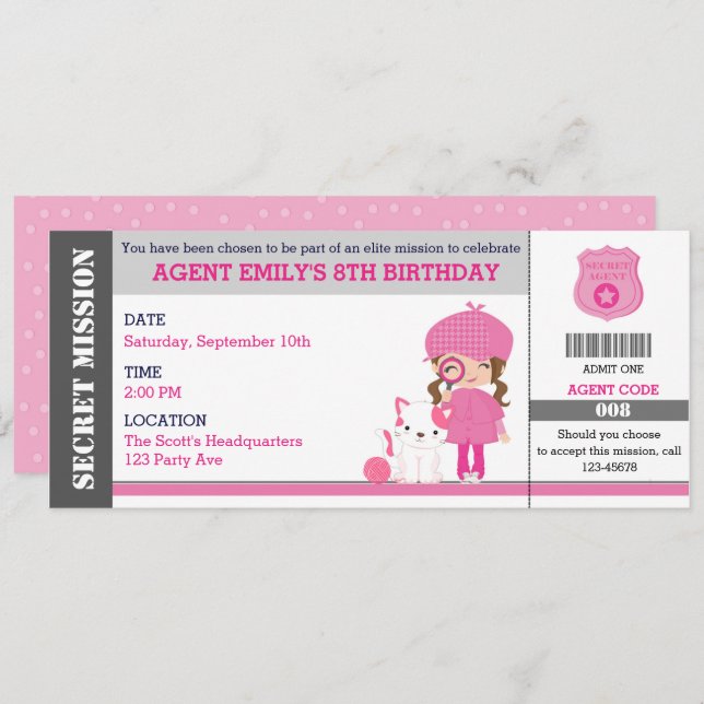 Girl Spy / Detective Ticket Birthday Invitations (Front/Back)