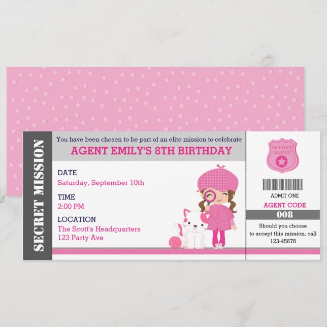 Girl Spy / Detective Ticket Invitations Anniversai (Devant / Derrière)