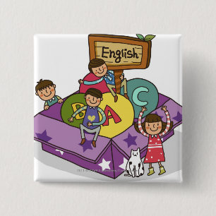 Girl standing with arms raised and boys sitting 2 inch square button