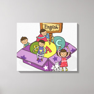 Girl standing with arms raised and boys sitting canvas print