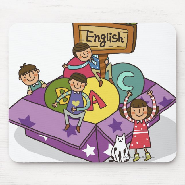 Girl standing with arms raised and boys sitting mouse pad (Front)