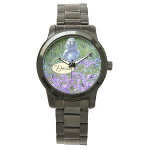 Girl statue purple phlox blue forget-me-not flower watch