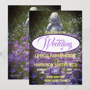 Girl statue with blue violet phlox forget-me-nots invitation