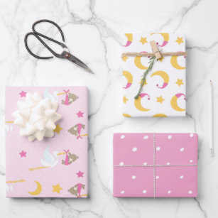Girl Stork Moons Polka Dots Pink Baby Shower Wrapping Paper Sheet