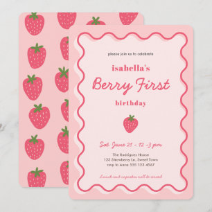 Girl Strawberry Berry First 1st Birthday Invitation