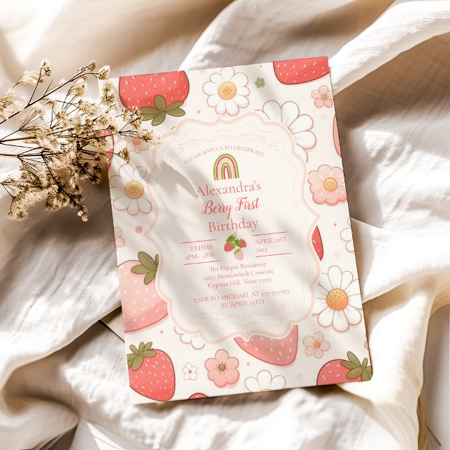 Girl Strawberry Berry First 1st Birthday Party Invitation (Creator Uploaded)