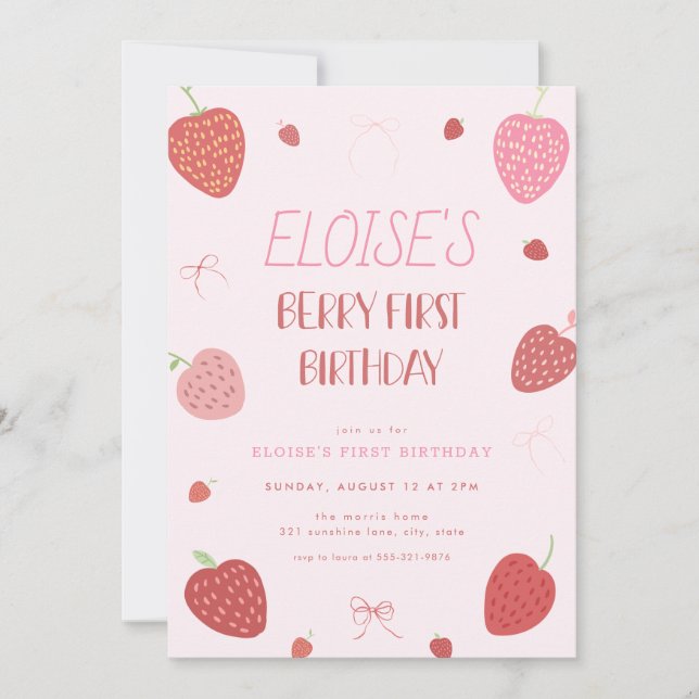 Girl Strawberry Berry First Birthday Invitation (Front)