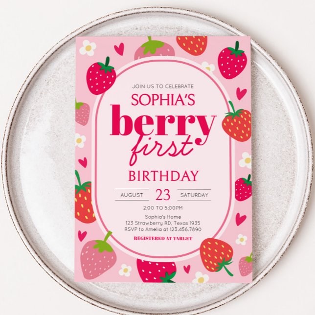 Girl Strawberry Berry First Birthday Party Invitation (Strawberry Berry First Birthday Party Invitation)