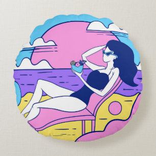 girl sunbathes on the beach with a cocktail in han round pillow