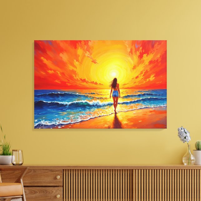 Girl sunset beach walk ocean waves decor (Insitu(LivingRoom))