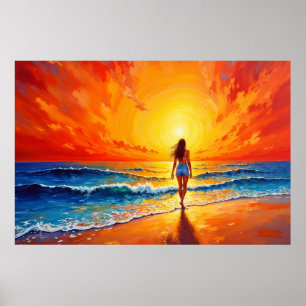 Girl sunset beach walk ocean waves decor