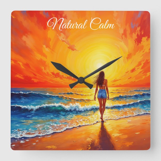 Girl sunset beach walk ocean waves decor square wall clock (Front)