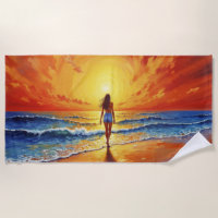 Girl sunset beach walk ocean waves decor