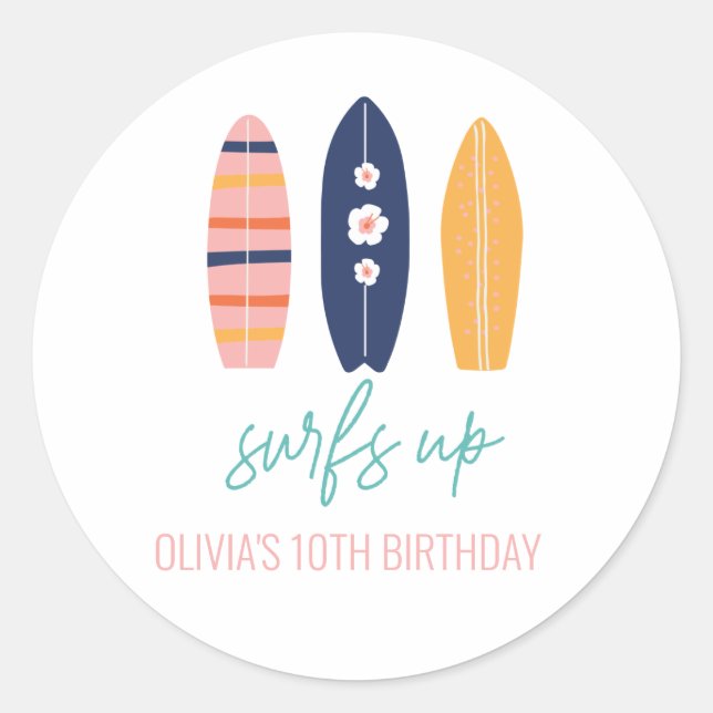 Girl Surfboard Beach birthday Classic Round Sticker (Front)